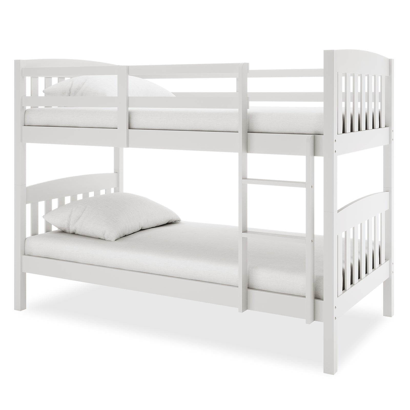 Dante 2-in-1 Solid Pine Timber Bunk Bed - White, featuring a clean design with a sturdy step ladder, smooth edges, and two white pillows, showcasing its versatile ability to convert into two single beds.