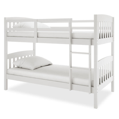 Dante 2-in-1 Solid Pine Timber Bunk Bed - White, featuring a clean design with a sturdy step ladder, smooth edges, and two white pillows, showcasing its versatile ability to convert into two single beds.