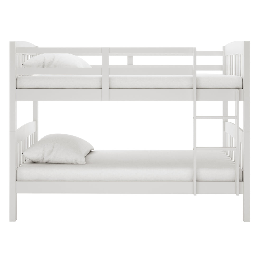 Dante 2-in-1 Solid Pine Timber Bunk Bed - White, shown with a white pillow, features a sturdy design, convertible capabilities, and a built-in ladder, perfect for versatile, space-saving bedroom arrangements.
