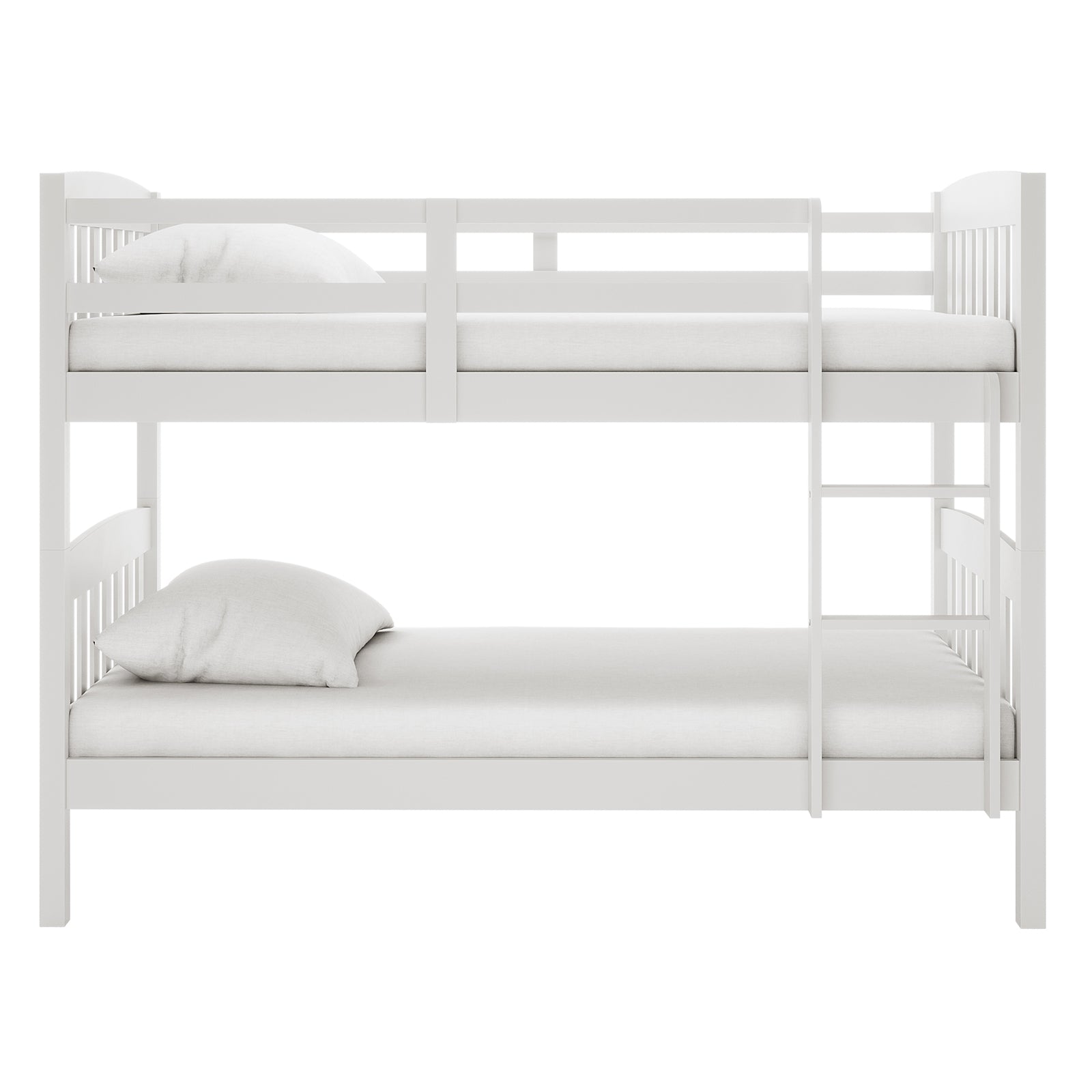 Dante 2-in-1 Solid Pine Timber Bunk Bed - White, shown with a white pillow, features a sturdy design, convertible capabilities, and a built-in ladder, perfect for versatile, space-saving bedroom arrangements.