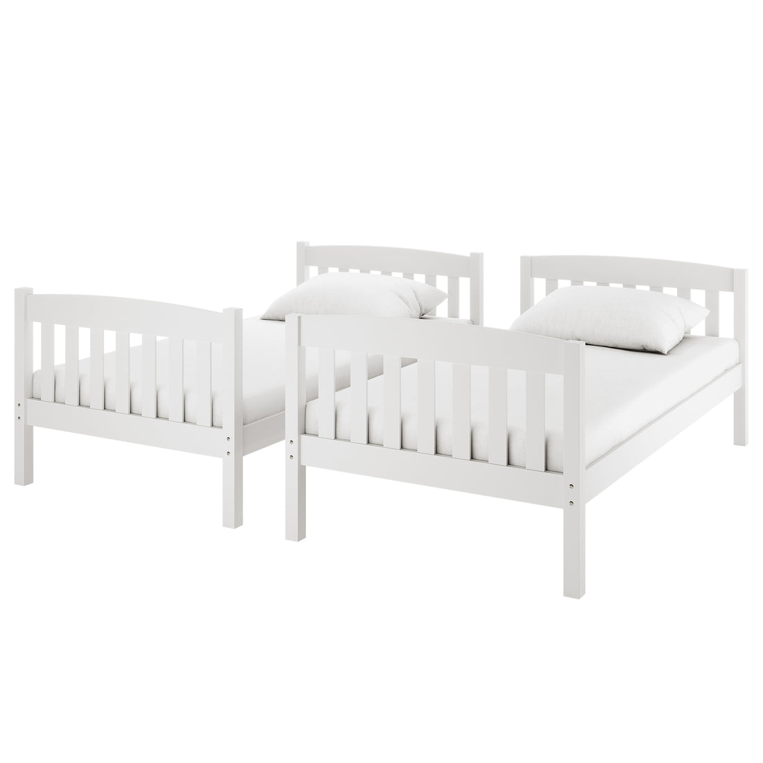 Dante 2-in-1 Solid Pine Timber Bunk Bed - White, shown as a sleek white bed with clean lines and a white pillow, highlighting its convertible design for versatile room arrangements.