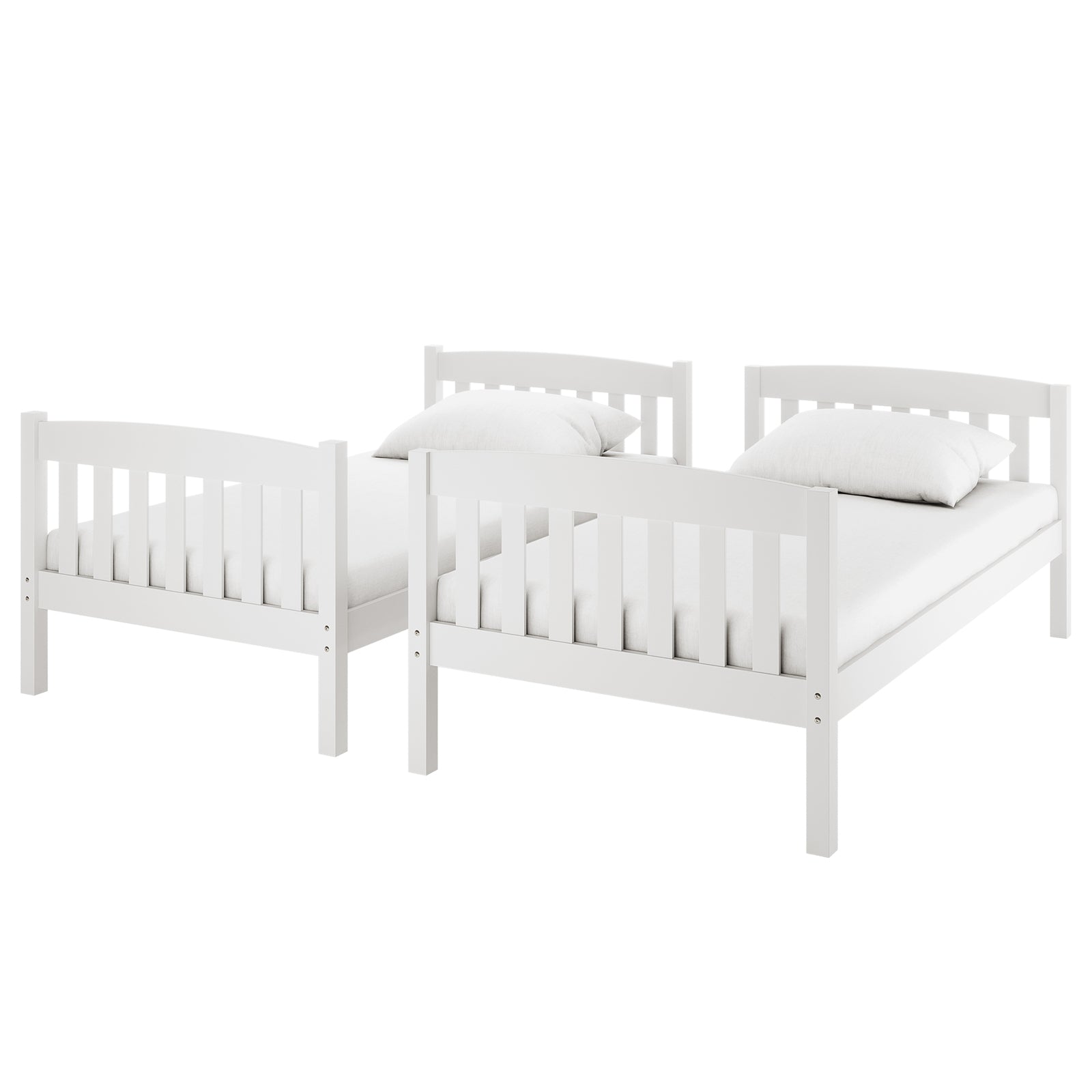 Dante 2-in-1 Solid Pine Timber Bunk Bed - White, shown as a sleek white bed with clean lines and a white pillow, highlighting its convertible design for versatile room arrangements.