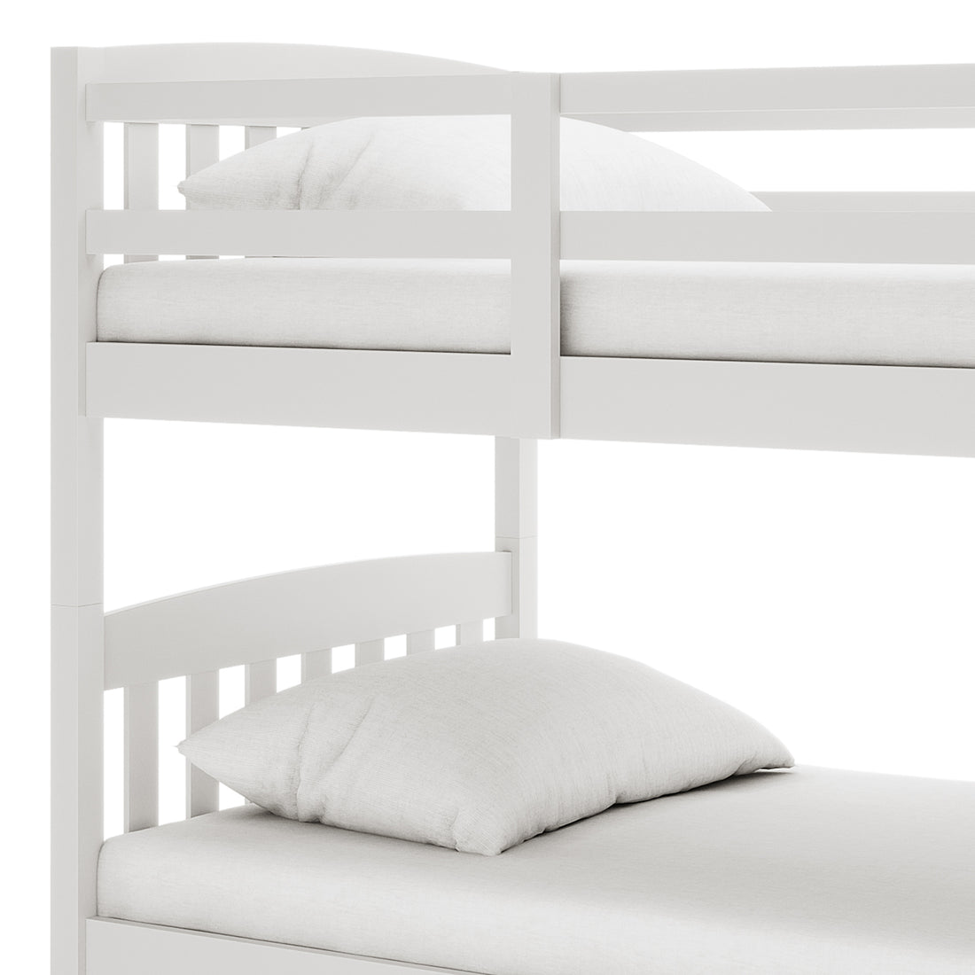 Dante 2-in-1 Solid Pine Timber Bunk Bed - White, featuring a sleek design with a white pillow on the top bunk, showcases its capability to convert into two separate single beds.