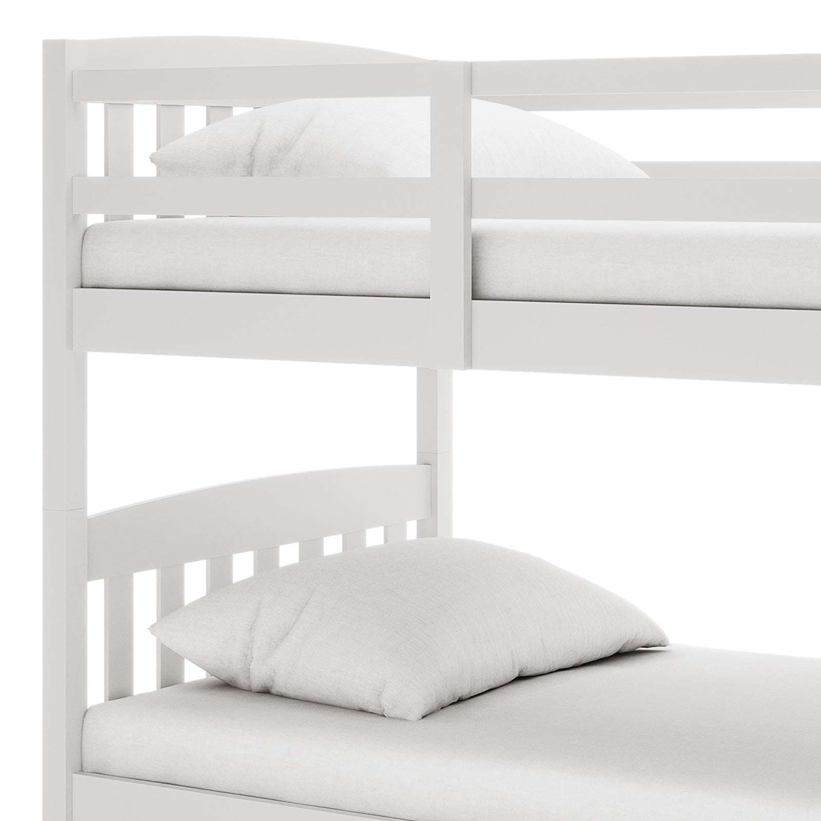 Dante 2-in-1 Solid Pine Timber Bunk Bed - White, featuring a sleek design with a white pillow on the top bunk, showcases its capability to convert into two separate single beds.