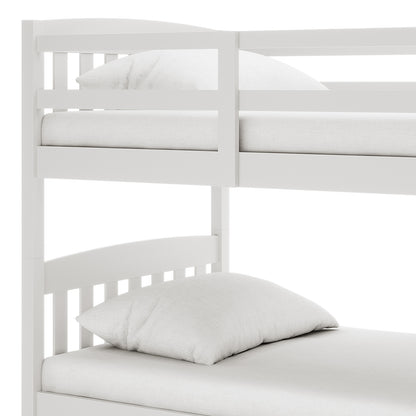 Dante 2-in-1 Solid Pine Timber Bunk Bed - White, featuring a sleek design with a white pillow on the top bunk, showcases its capability to convert into two separate single beds.