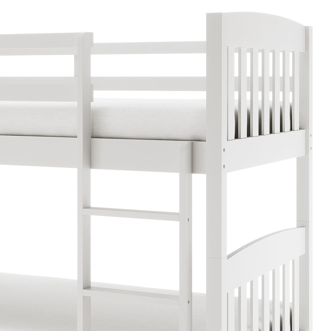 Dante 2-in-1 Solid Pine Timber Bunk Bed - White, featuring a clean design with a sturdy headboard and metal handle, showcased in a versatile setup ideal for space-saving in children's rooms.