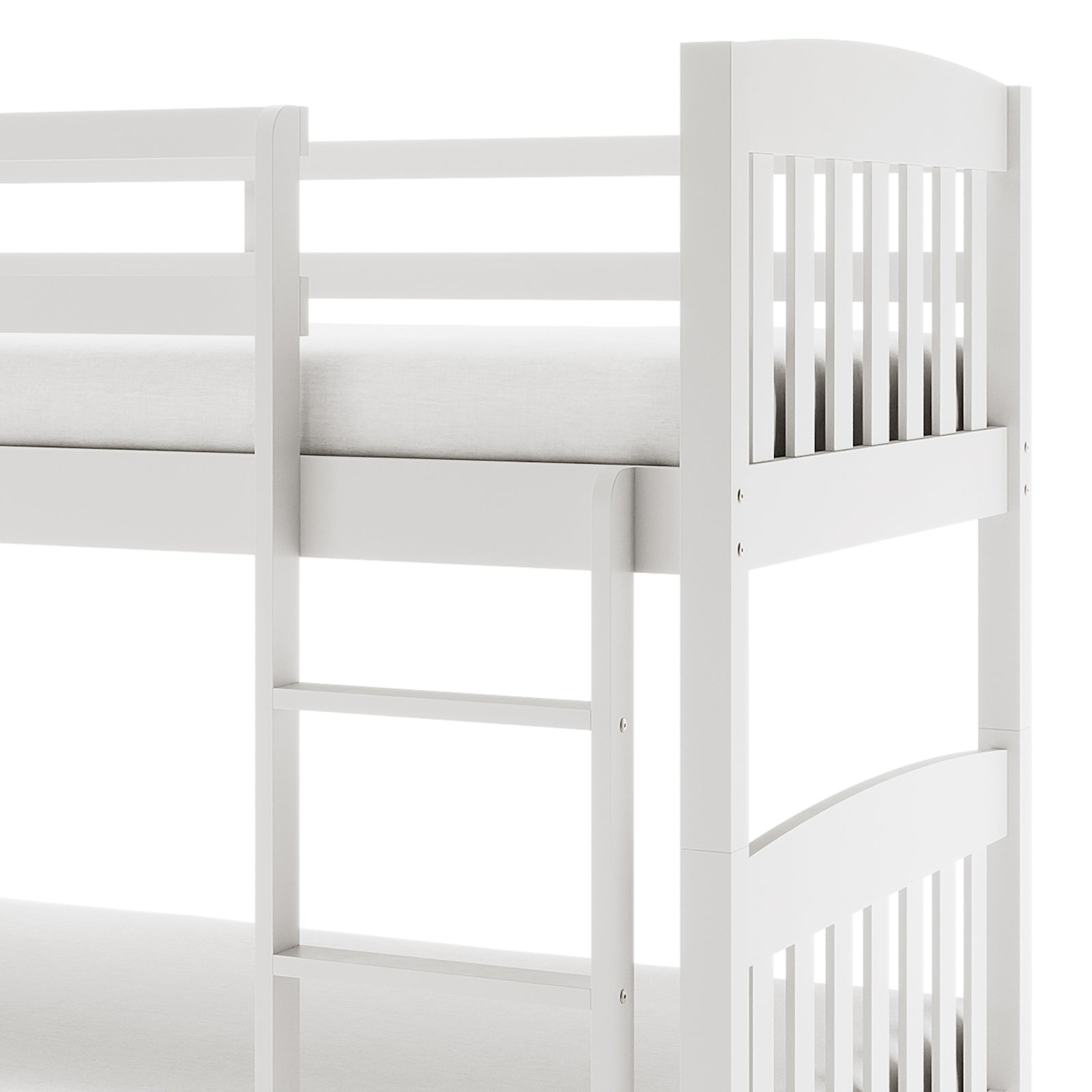 Dante 2-in-1 Solid Pine Timber Bunk Bed - White, featuring a clean design with a sturdy headboard and metal handle, showcased in a versatile setup ideal for space-saving in children's rooms.