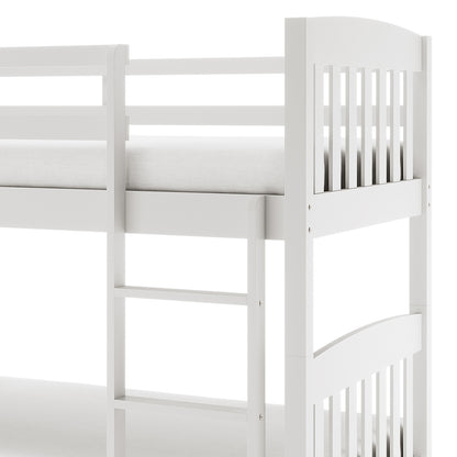 Dante 2-in-1 Solid Pine Timber Bunk Bed - White, featuring a clean design with a sturdy headboard and metal handle, showcased in a versatile setup ideal for space-saving in children's rooms.