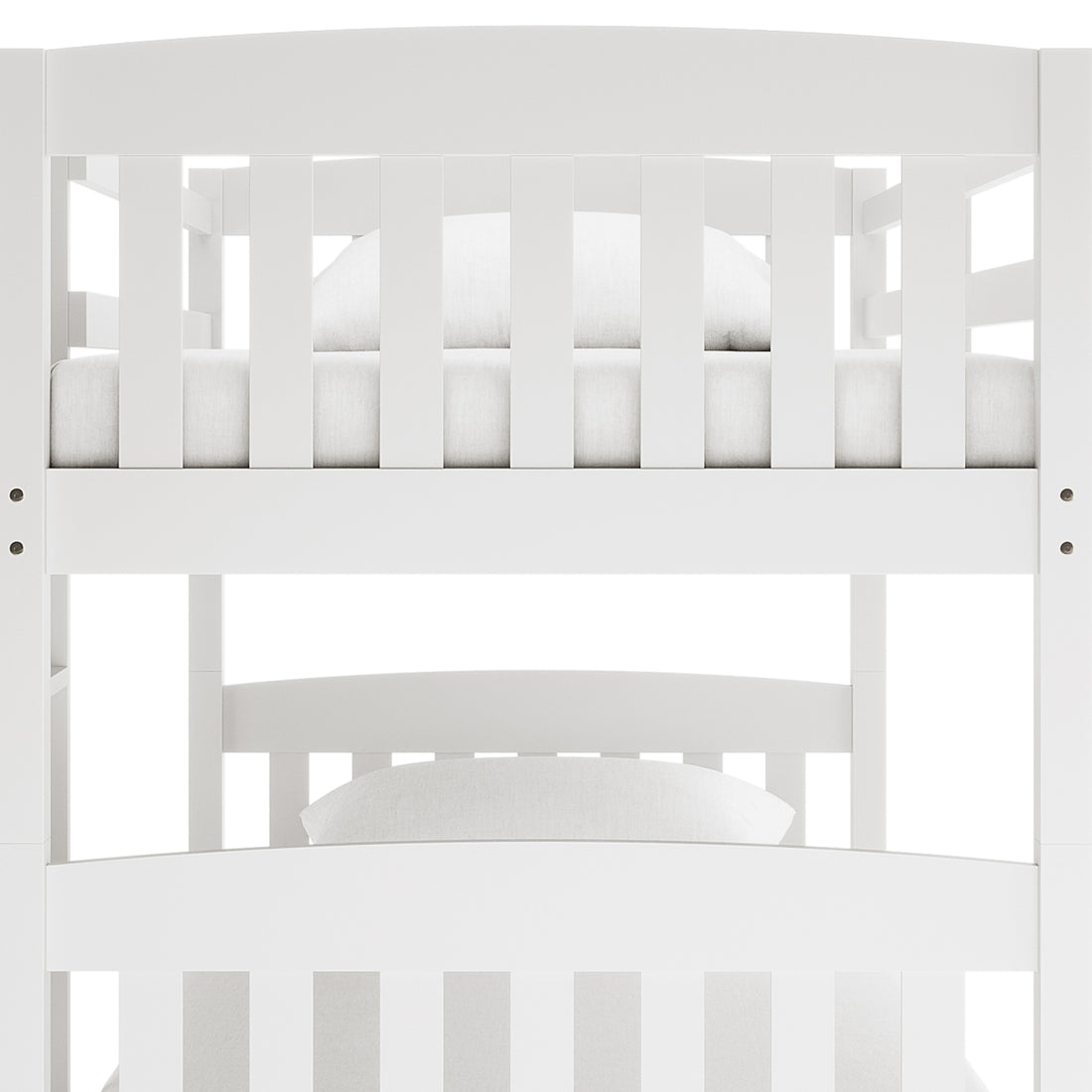 Dante 2-in-1 Solid Pine Timber Bunk Bed - White, featuring a sleek, solid pine frame with a secure ladder and smooth edges, visually demonstrates its capability to convert into two separate single beds.