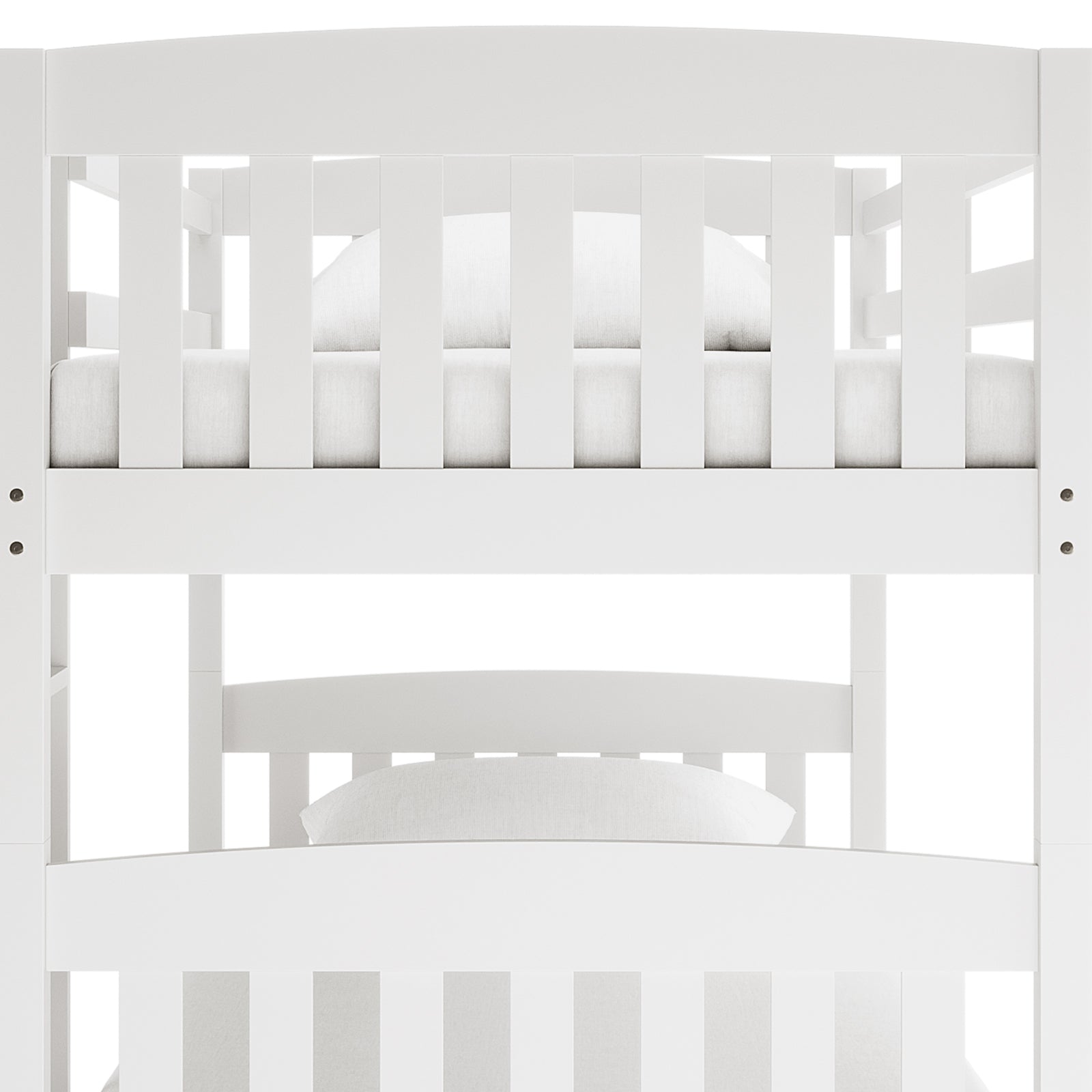 Dante 2-in-1 Solid Pine Timber Bunk Bed - White, featuring a sleek, solid pine frame with a secure ladder and smooth edges, visually demonstrates its capability to convert into two separate single beds.