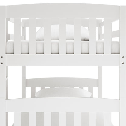 Dante 2-in-1 Solid Pine Timber Bunk Bed - White, featuring a sleek, solid pine frame with a secure ladder and smooth edges, visually demonstrates its capability to convert into two separate single beds.