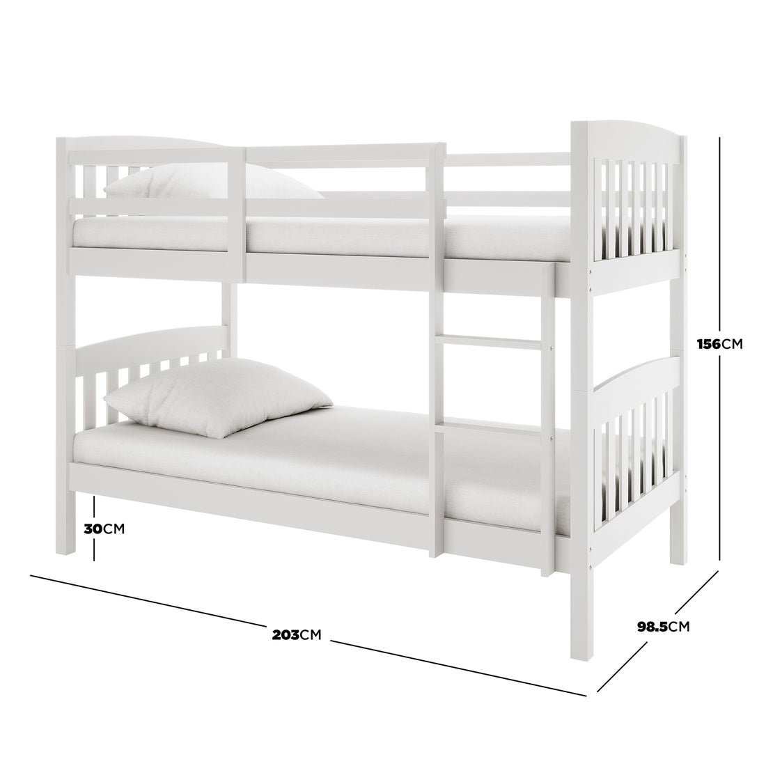 Dante 2-in-1 Solid Pine Timber Bunk Bed - White, featuring a sturdy pine frame with a sleek design, built-in ladder, and convertible option to two single beds, perfect for space-saving solutions.