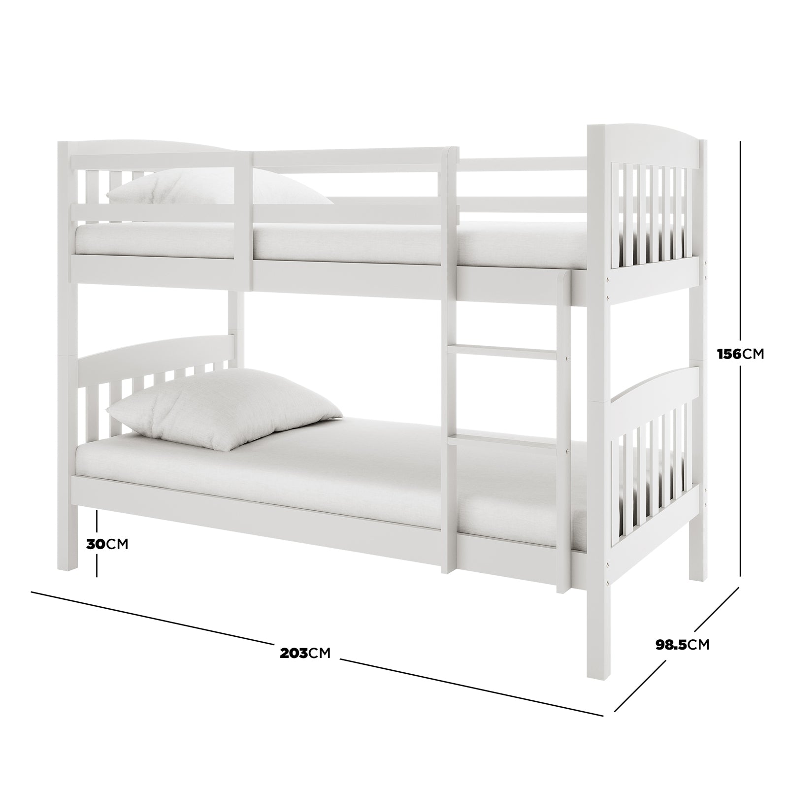 Dante 2-in-1 Solid Pine Timber Bunk Bed - White, featuring a sturdy pine frame with a sleek design, built-in ladder, and convertible option to two single beds, perfect for space-saving solutions.