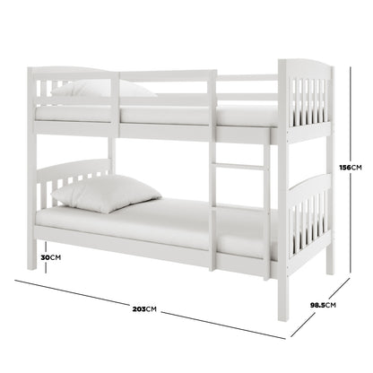 Dante 2-in-1 Solid Pine Timber Bunk Bed - White, featuring a sturdy pine frame with a sleek design, built-in ladder, and convertible option to two single beds, perfect for space-saving solutions.