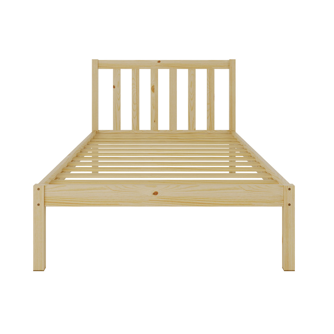 Front view of Drusa solid pine timber single bed frame, natural finish, featuring a contemporary slatted headboard.