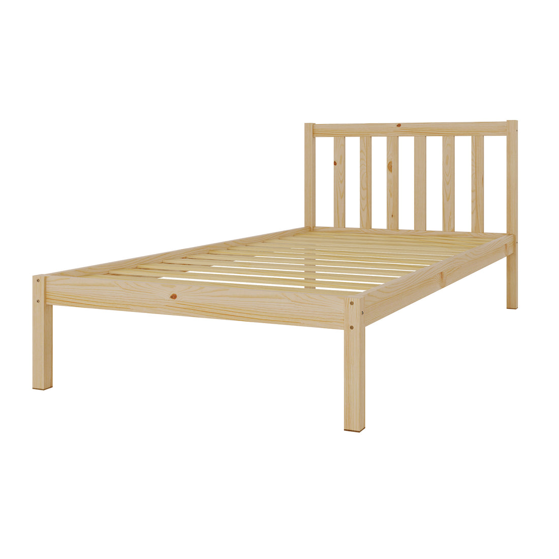 Angled view of the Drusa solid pine timber single bed frame, emphasizing its sturdy construction and natural wood grain.