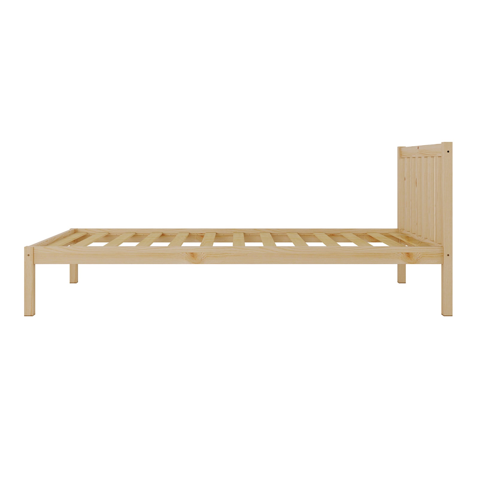 Side view of the Drusa solid pine timber single bed frame, showing its sleek profile and stable leg design.
