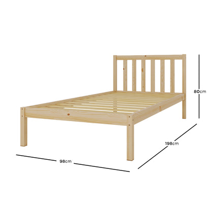 Diagram showing Drusa single timber bed frame dimensions (W198 x D98 x H80cm), for easy room planning.