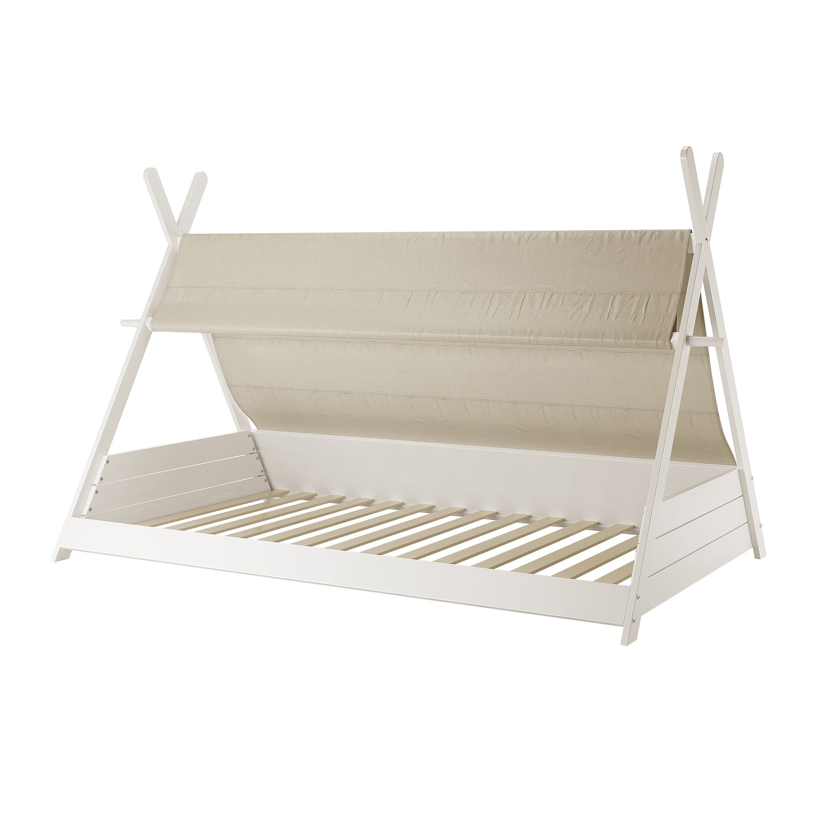 Elijah Kids Single Solid Wood Tee Pee Bed Frame in White features a low, teepee-style design with A-frame ends and a beige canvas drape, creating a cozy, playful space for children.