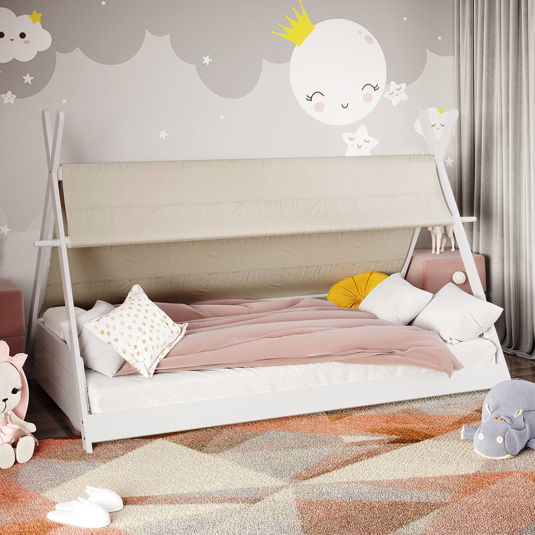 Elijah Kids Single Solid Wood Tee Pee Bed Frame in White features a low, tent-style design with a soft beige canopy, surrounded by playful decor in a cozy children's playroom setting.