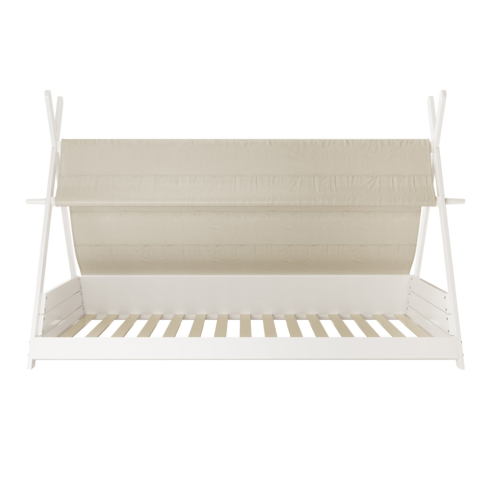 Elijah Kids Single Solid Wood Tee Pee Bed Frame in White, featuring an A-frame design and horizontal slats, with a roll-up fabric canopy, ideal for a cozy children's room.