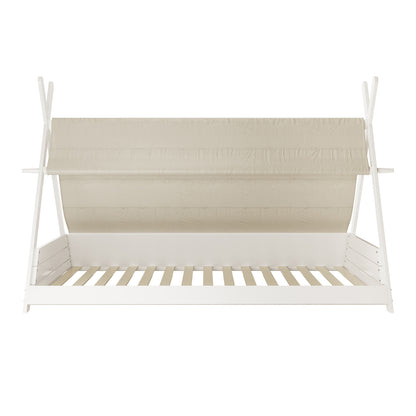Elijah Kids Single Solid Wood Tee Pee Bed Frame in White, featuring an A-frame design and horizontal slats, with a roll-up fabric canopy, ideal for a cozy children's room.
