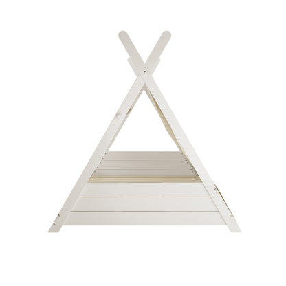 Elijah Kids Single Solid Wood Tee Pee Bed Frame in White, showcasing a white wooden A-frame with slatted platform, designed for a child's low bed or play tent, enhancing bedroom ambiance.