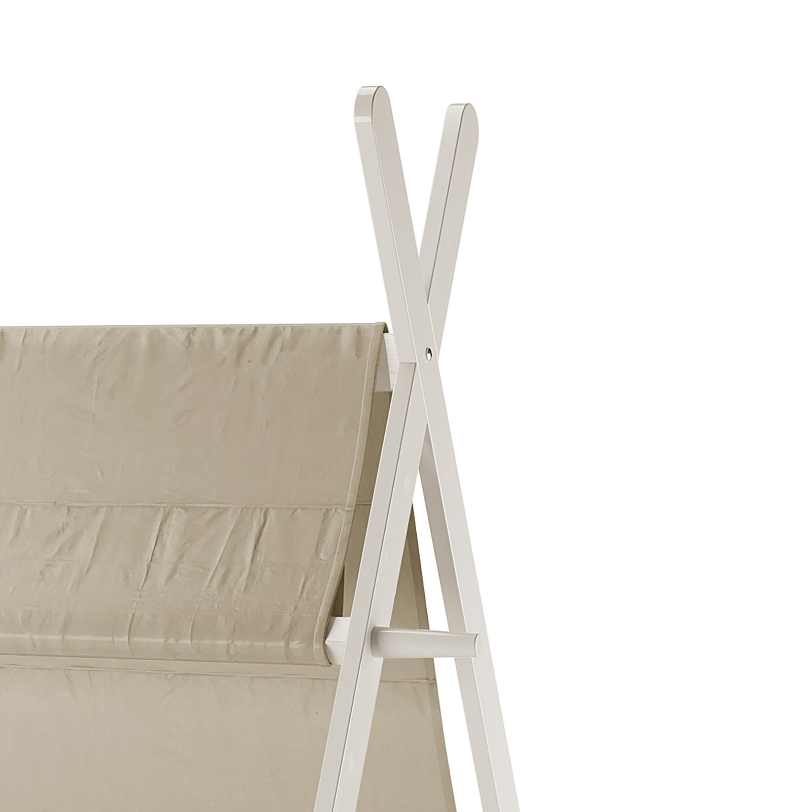 Elijah Kids Single Solid Wood Tee Pee Bed Frame in White, featuring a wooden A-frame design with canvas slings, perfect for a child's cozy and safe sleeping space.