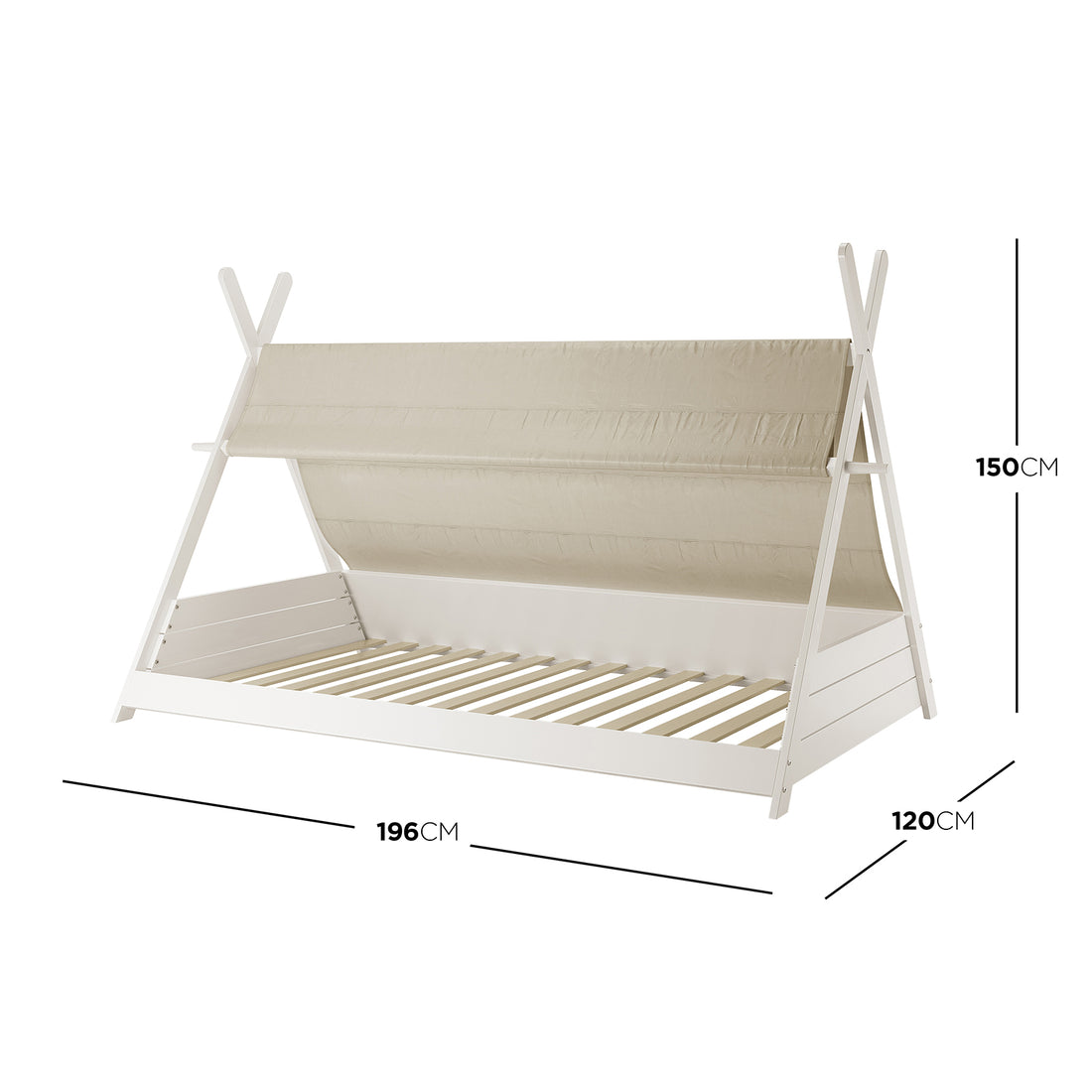 Elijah Kids Single Solid Wood Tee Pee Bed Frame in White features a teepee-shaped design with a white-painted wood frame and beige canvas canopy, offering a playful and safe sleeping space for children.