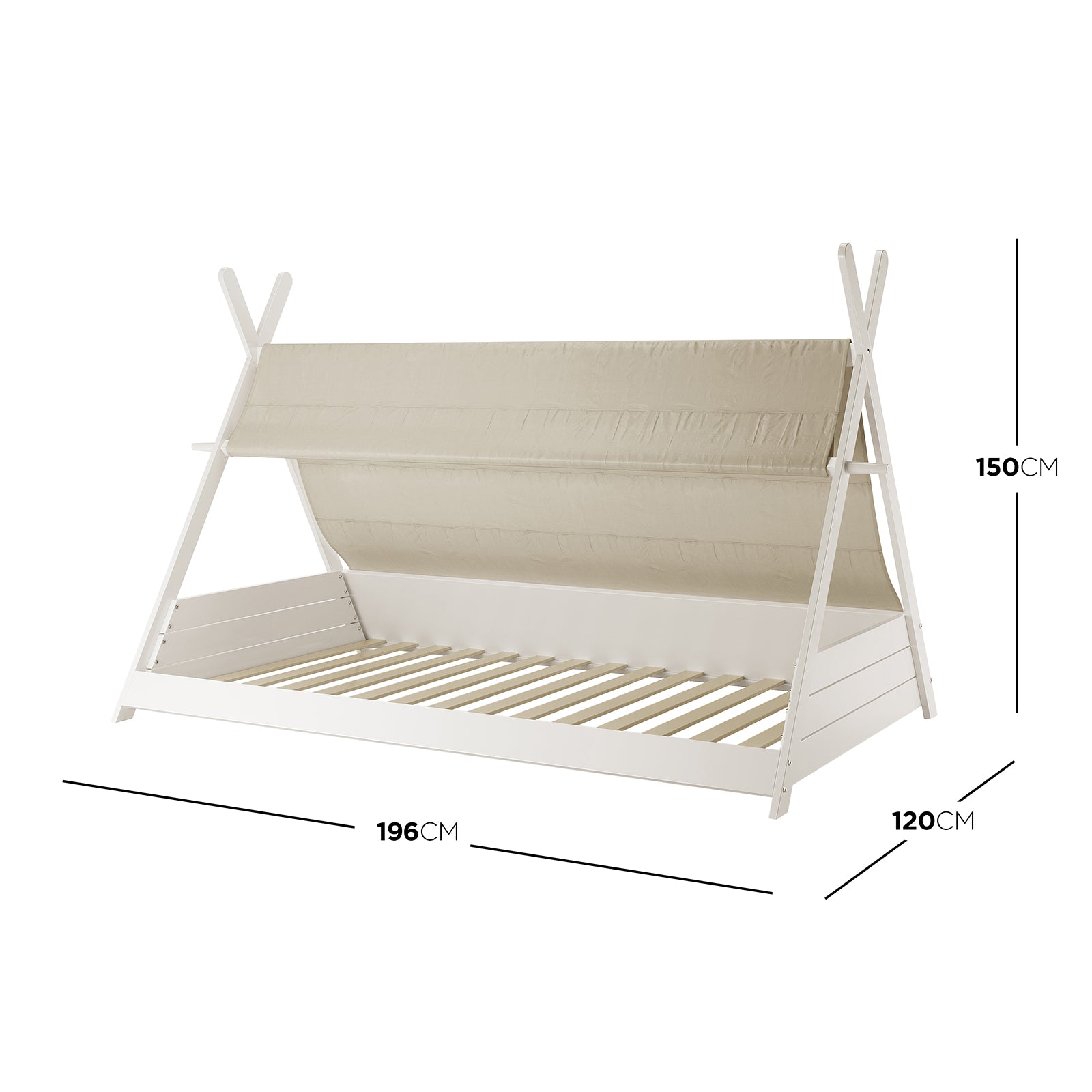Elijah Kids Single Solid Wood Tee Pee Bed Frame in White features a teepee-shaped design with a white-painted wood frame and beige canvas canopy, offering a playful and safe sleeping space for children.