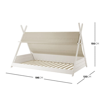 Elijah Kids Single Solid Wood Tee Pee Bed Frame in White features a teepee-shaped design with a white-painted wood frame and beige canvas canopy, offering a playful and safe sleeping space for children.