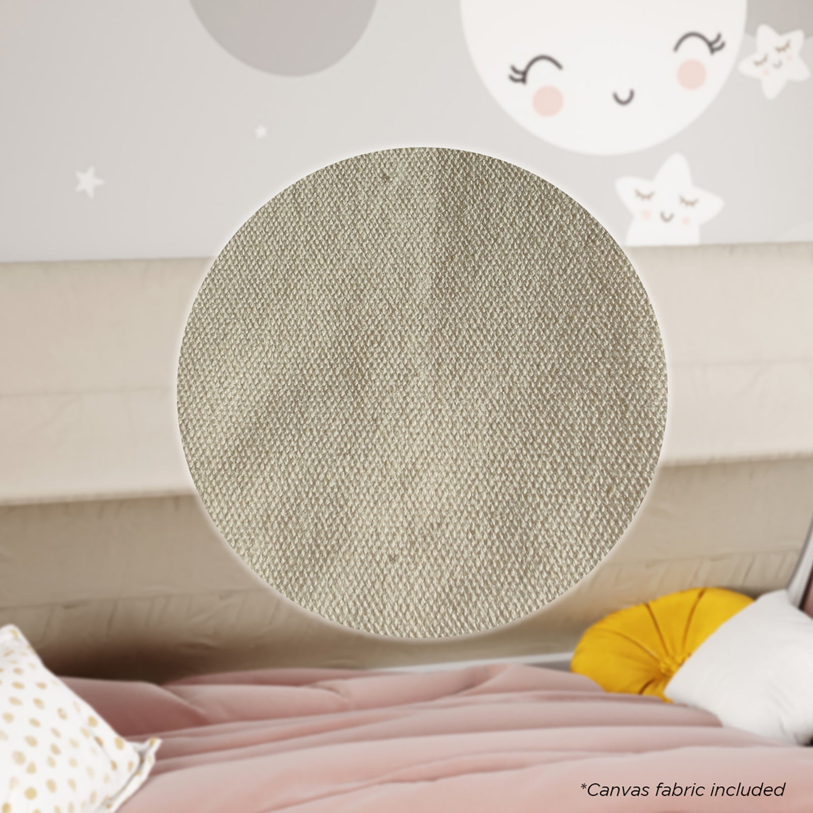 Close-up of beige, tightly woven canvas swatch, highlighting the material included with the Elijah Kids Single Solid Wood Tee Pee Bed Frame in White, set against a stylized bedroom scene.