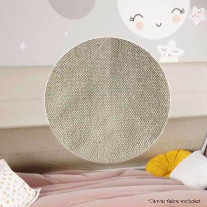 Close-up of beige, tightly woven canvas swatch, highlighting the material included with the Elijah Kids Single Solid Wood Tee Pee Bed Frame in White, set against a stylized bedroom scene.