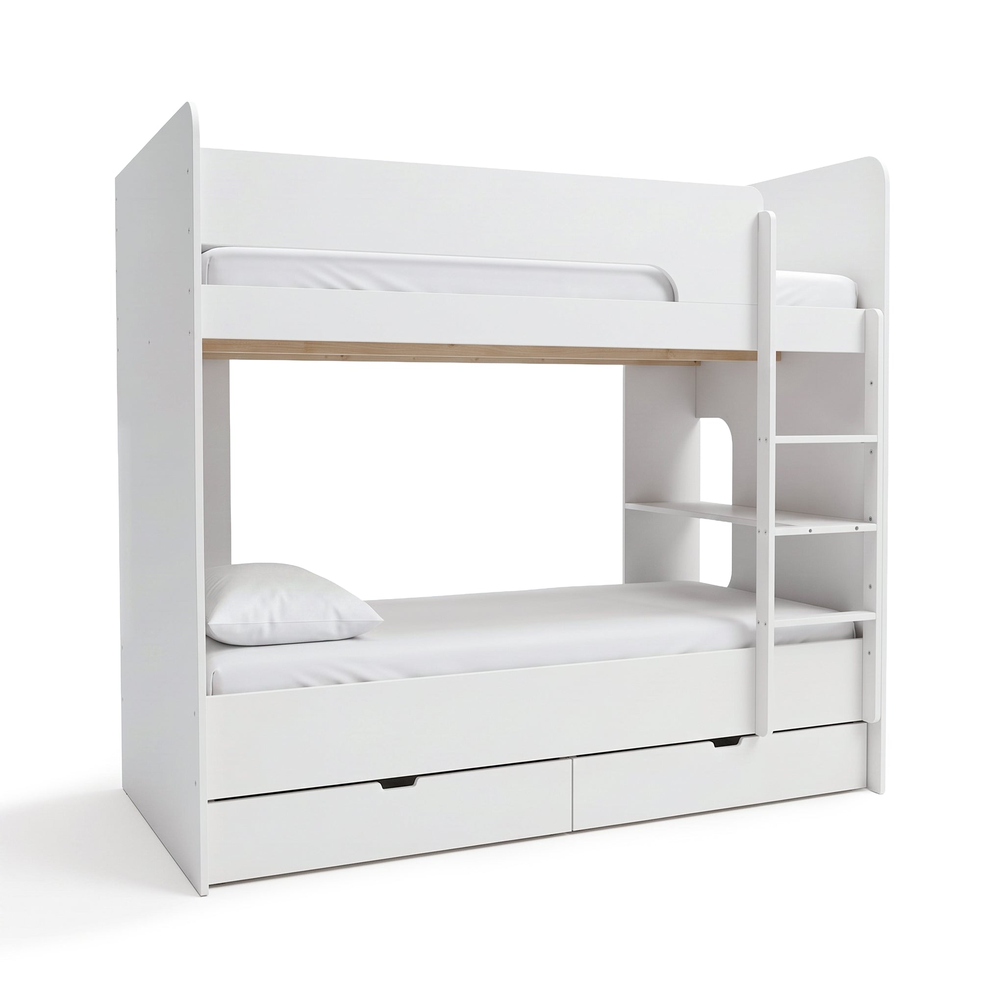 White modern bunk bed with ladder, shelves, and two storage drawers on a white background