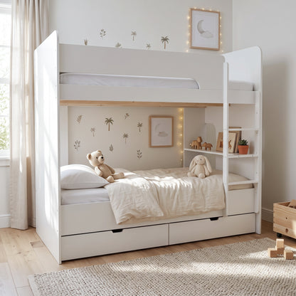 White bunk bed in a styled children's bedroom with bedding, toys, and decor