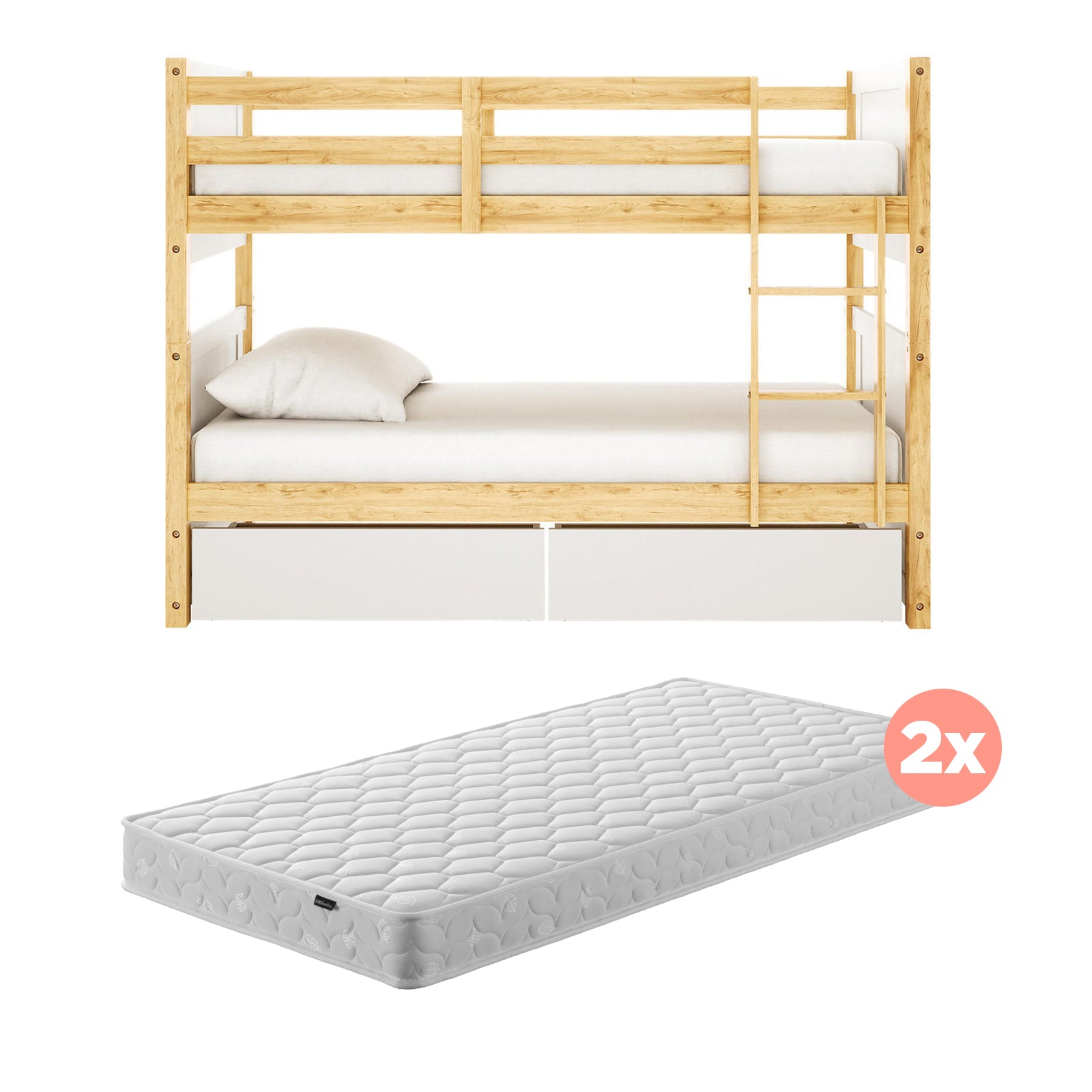 Elisha & Thermis Bunk Bed & Mattress Set in White & Natural featuring a light wood frame with upper guardrails, ladder, and two storage drawers. Includes two white twin-size mattresses.