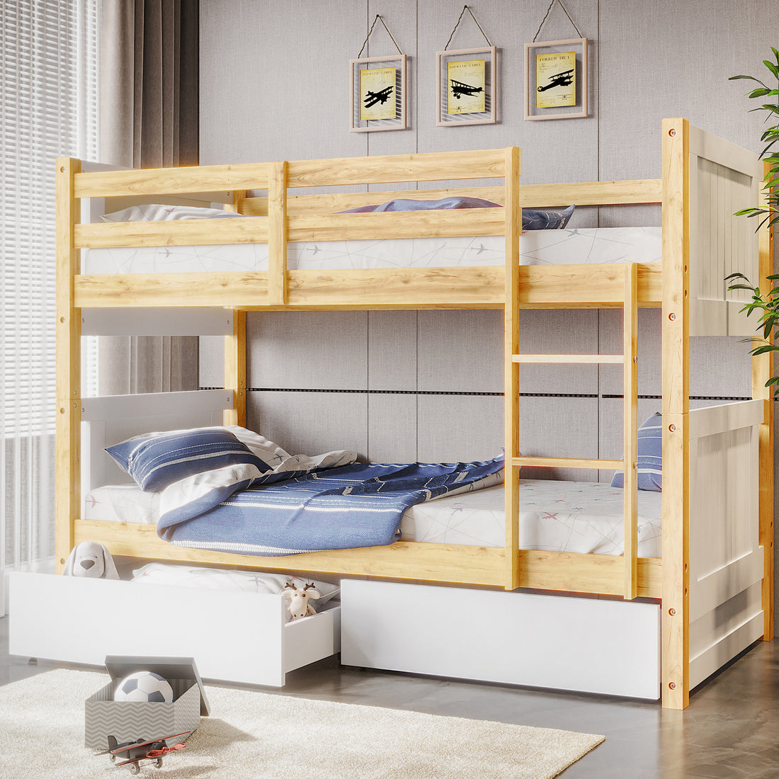 Elisha & Thermis Bunk Bed & Mattress Set in White & Natural features a wooden-framed bunk with safety rails, ladder, and pull-out storage drawers, complemented by airplane-themed bedding and toys.