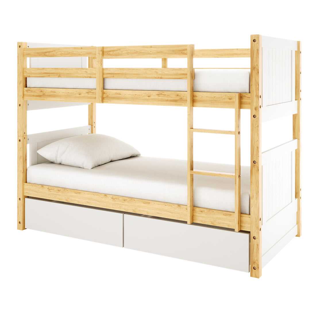 Elisha & Thermis Bunk Bed & Mattress Set in White & Natural features a light-toned wood frame, white panel accents, vertical ladder, and two pull-out storage drawers, complete with mattresses.