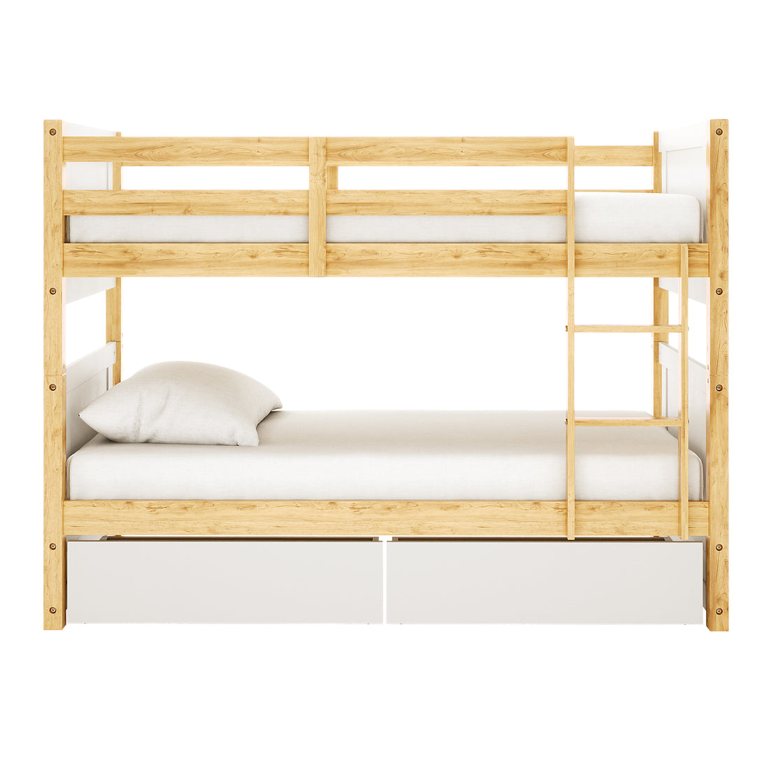 Elisha & Thermis Bunk Bed & Mattress Set in White & Natural features a light-toned wood frame with white accents, top guardrails, a vertical ladder, and two pull-out storage drawers below the bottom bunk.