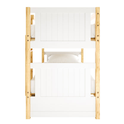 Elisha & Thermis Bunk Bed & Mattress Set in White & Natural features a sturdy wooden frame with white slatted headboards, complete with white mattresses and pillows on both bunks, ideal for children's rooms.