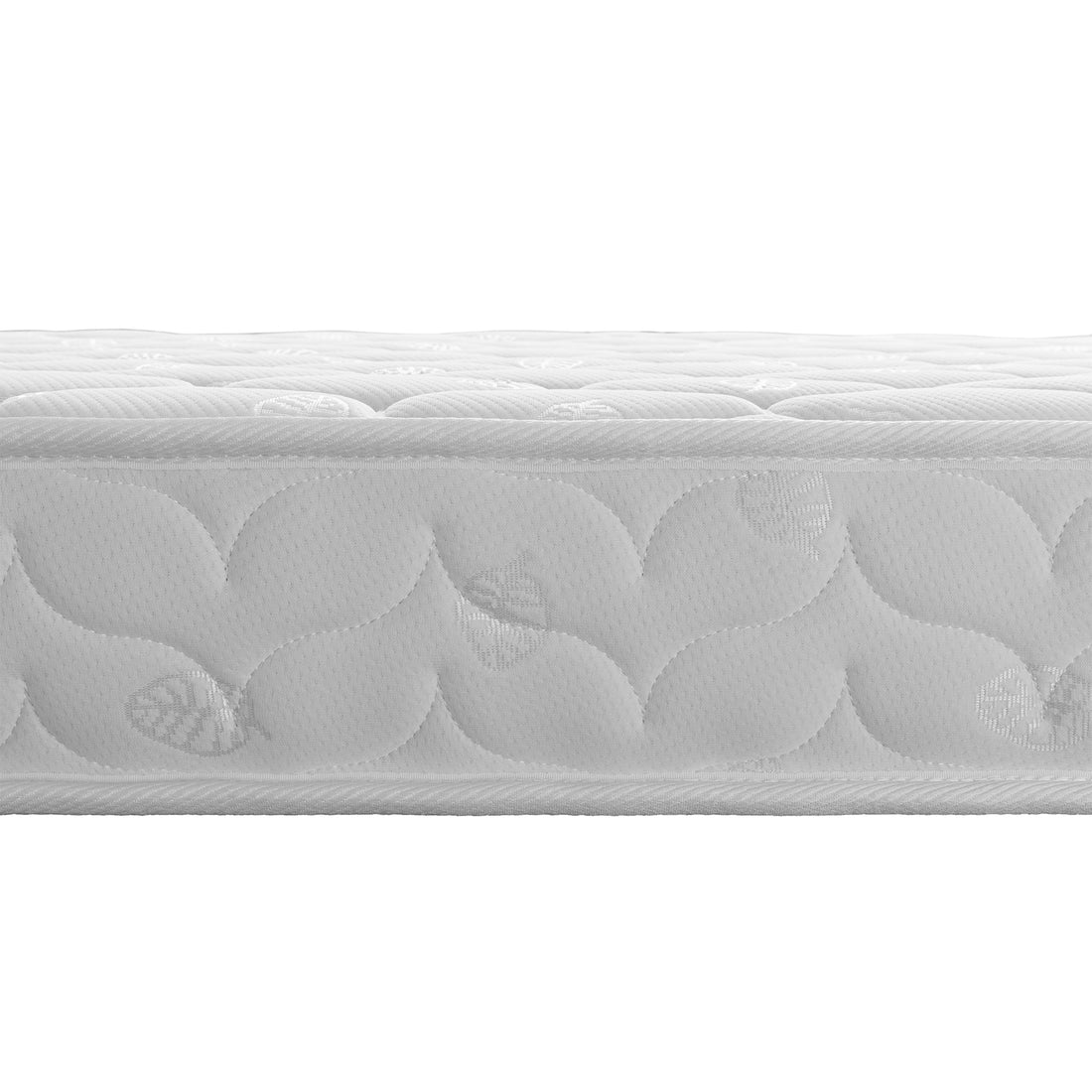 Close-up of Elisha & Thermis Bunk Bed & Mattress Set in White & Natural, highlighting the quilted white mattress with scalloped stitching and faint leaf motifs, showcasing the mattress's elegant design.
