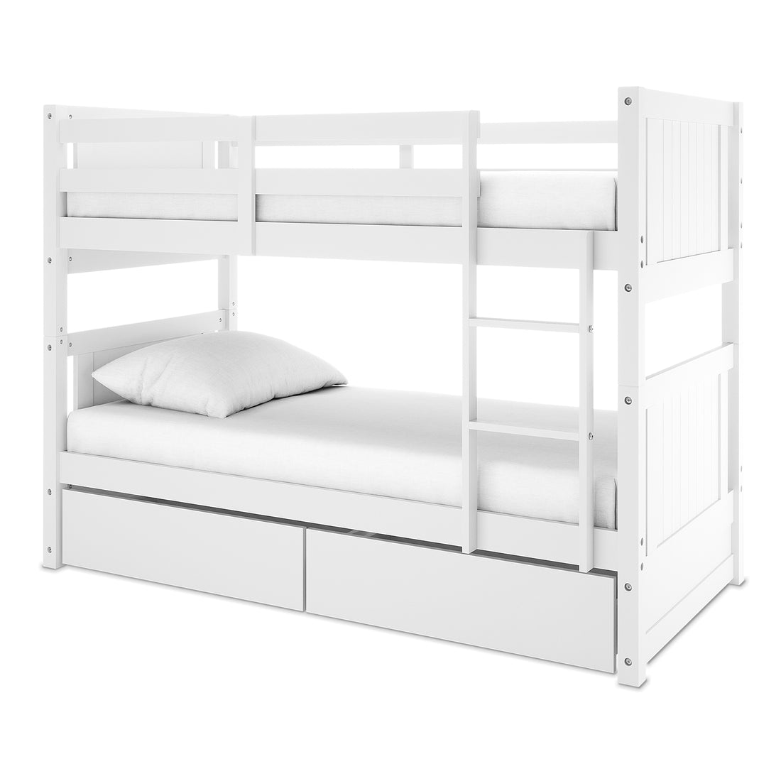 White Elisha Single Solid Pine Storage Bunk Bed with twin platforms, upper safety rails, and a small ladder. Features two pull-out drawers under the lower bunk. Mattresses and pillows included.