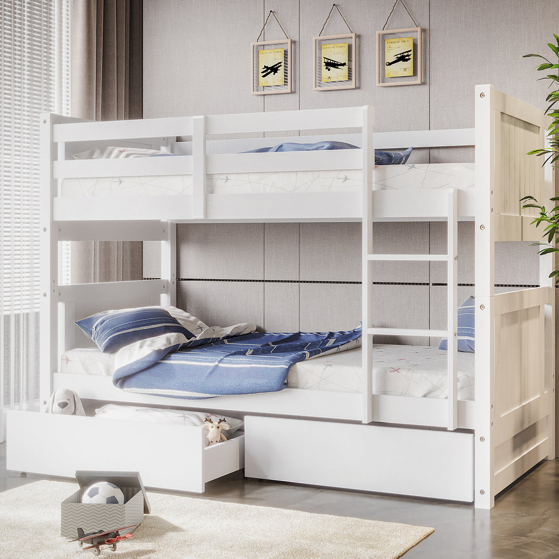 Elisha Single Solid Pine Storage Bunk Bed in White, featuring a two-tier frame with ladder, airplane-print bedding, two pull-out drawers with plush toys, and vintage airplane wall art above.