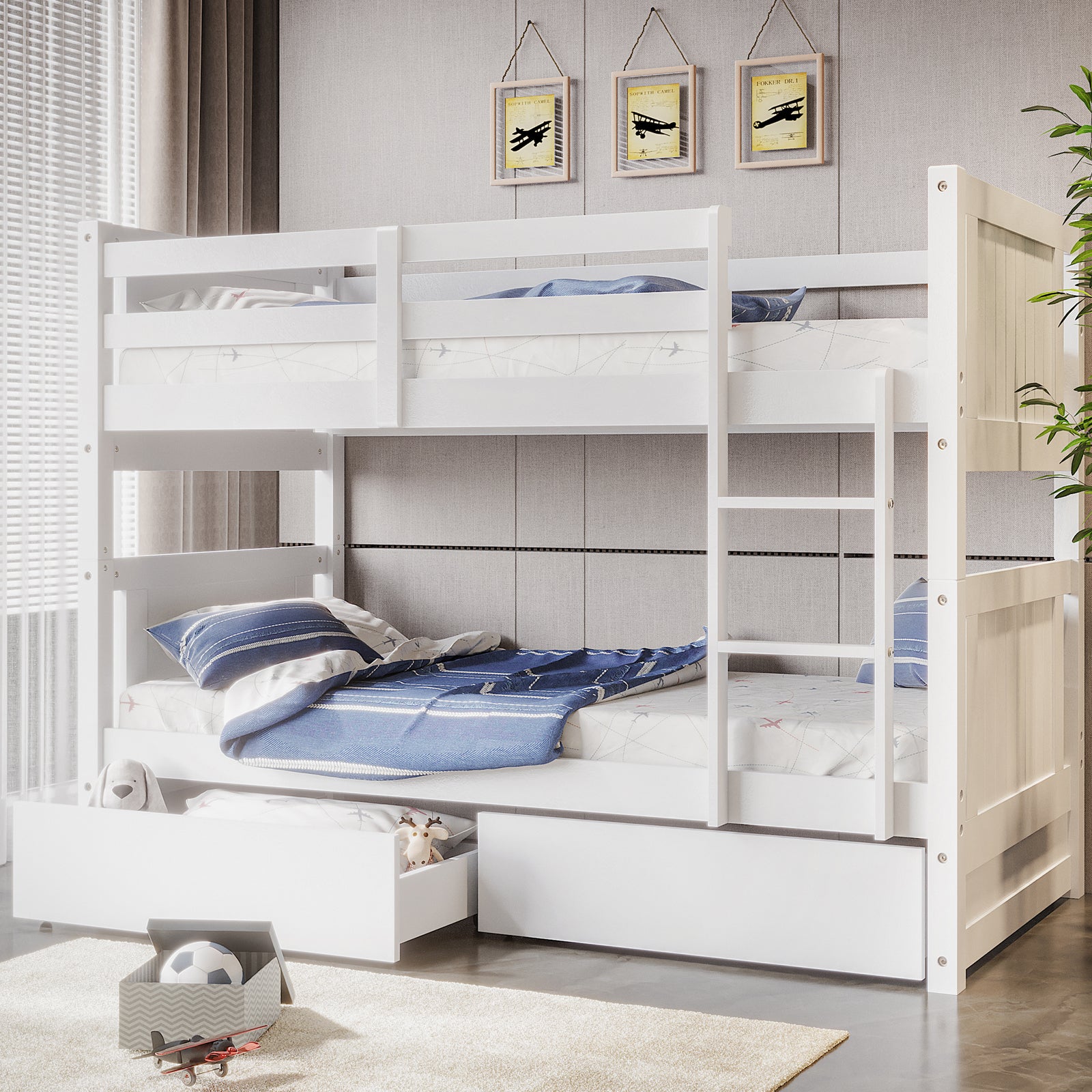 Elisha Single Solid Pine Storage Bunk Bed in White, featuring a two-tier frame with ladder, airplane-print bedding, two pull-out drawers with plush toys, and vintage airplane wall art above.