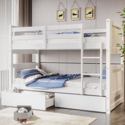 Elisha Single Solid Pine Storage Bunk Bed in White, featuring a two-tier frame with ladder, airplane-print bedding, two pull-out drawers with plush toys, and vintage airplane wall art above.