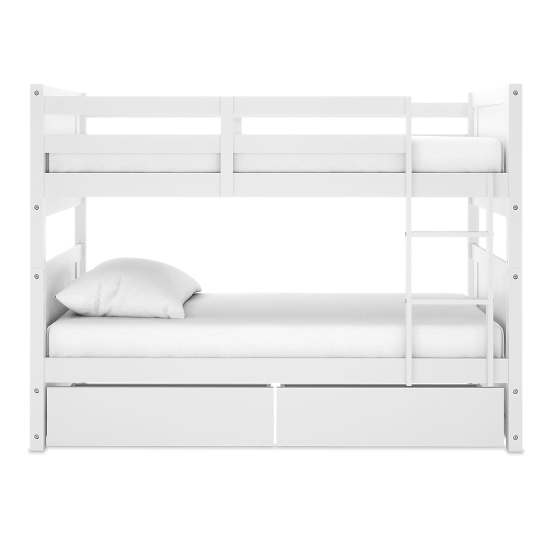 Elisha Single Solid Pine Storage Bunk Bed in White features a twin-over-twin design with guardrails, side ladder, and two pull-out drawers beneath, showcasing a stylish space-saving solution for kids' rooms.