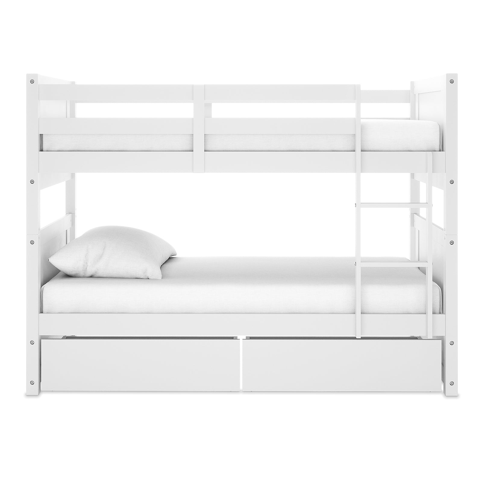 Elisha Single Solid Pine Storage Bunk Bed in White features a twin-over-twin design with guardrails, side ladder, and two pull-out drawers beneath, showcasing a stylish space-saving solution for kids' rooms.