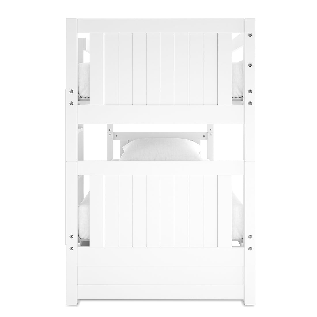 Elisha Single Solid Pine Storage Bunk Bed in White, featuring a straight-on view of a minimalist design with two stacked platforms, slatted headboards, visible metal fasteners, and mattresses with pillows.