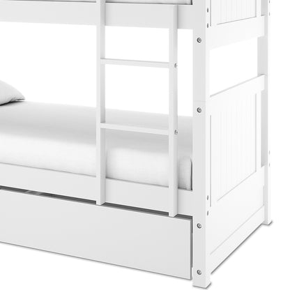 Elisha Single Solid Pine Storage Bunk Bed in White, featuring a visible foot-end, lower mattress, built-in ladder to the top bunk, and a pull-out trundle drawer tucked beneath, showcasing its space-saving design.