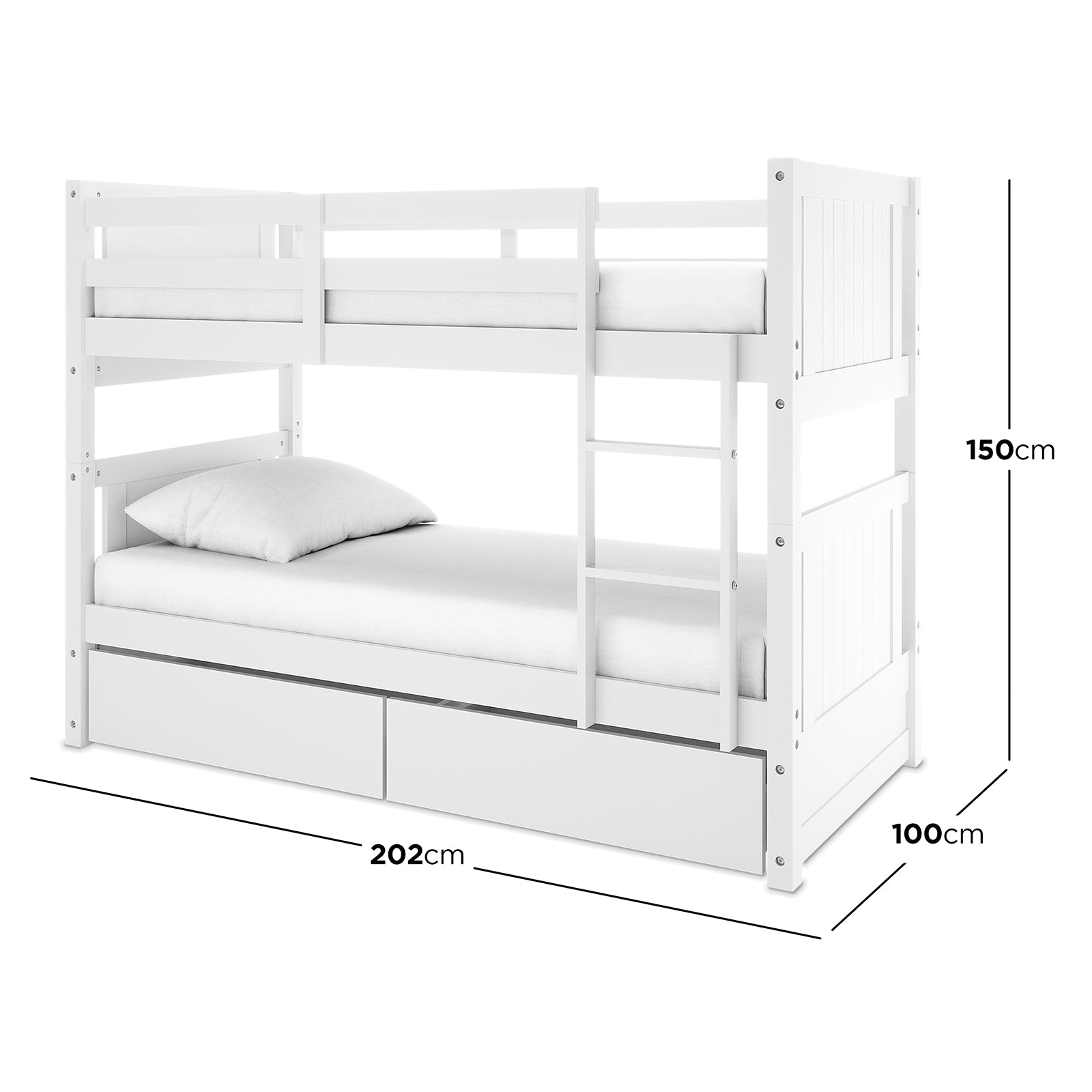Elisha Single Solid Pine Storage Bunk Bed in White, featuring upper and lower bunks with guardrails, fixed side ladder, and two pull-out storage drawers beneath. Dimensions: 202 cm long, 100 cm deep, 150 cm high.